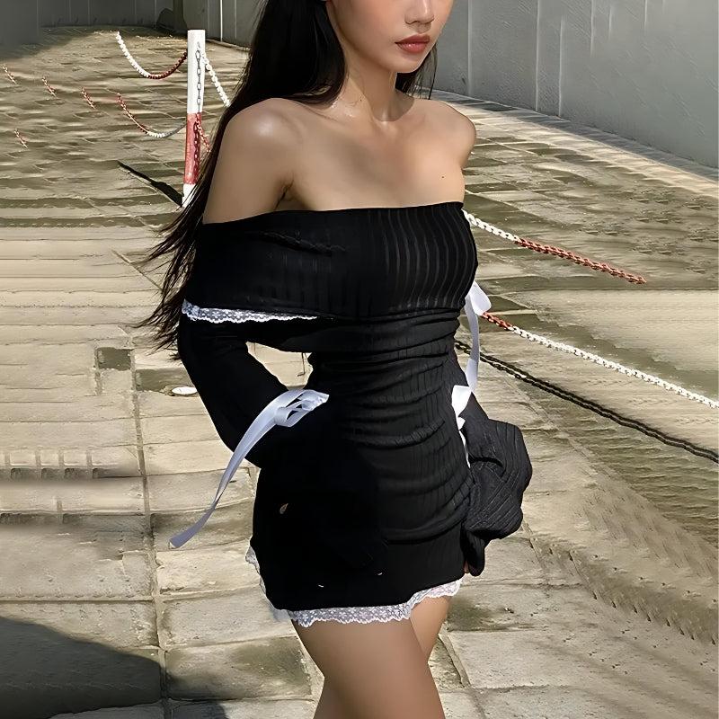 Style Core Aesthetics, New Style Trends - Y2K Corduroy Off Shoulder Bow Mini Dress