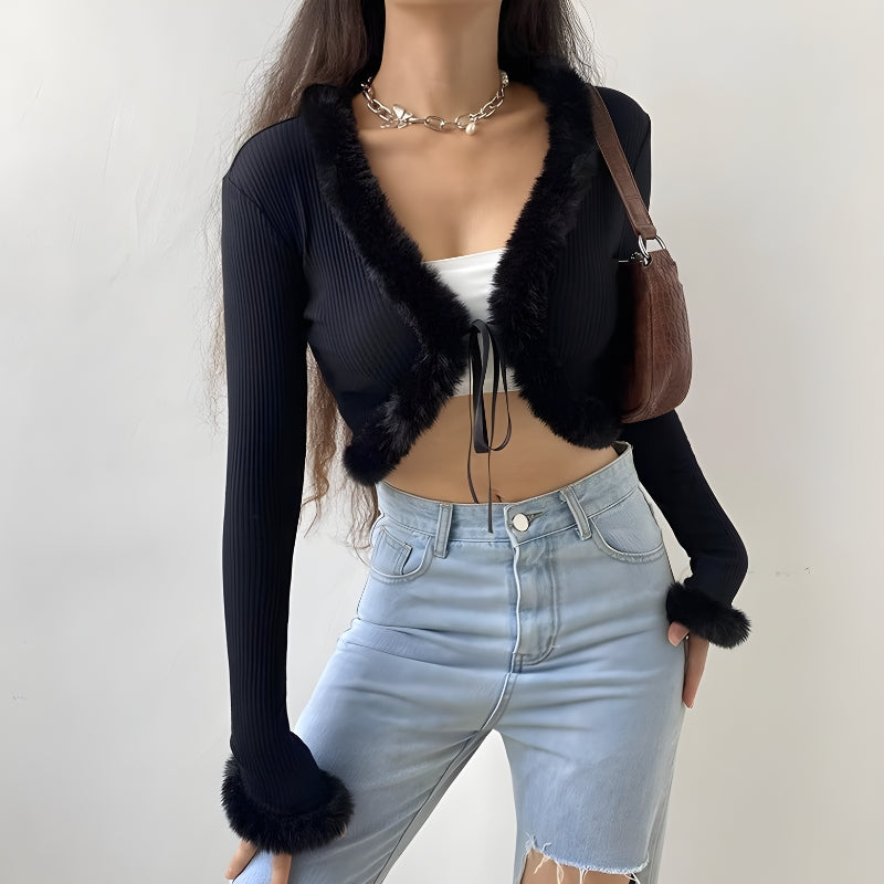 Style Core Aesthetics, New Style Trends - Y2K Faux Fur Corduroy Crop Cardigan