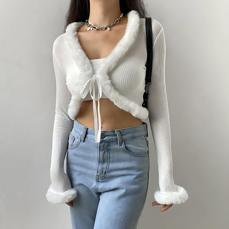 Style Core Aesthetics, New Style Trends - Y2K Faux Fur Corduroy Crop Cardigan