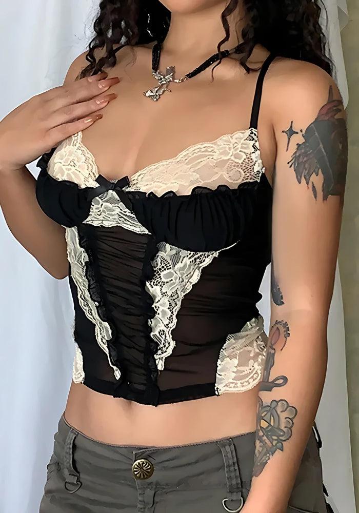 Style Core Aesthetics, New Style Trends - Y2K Lace Sheer Cropped Top