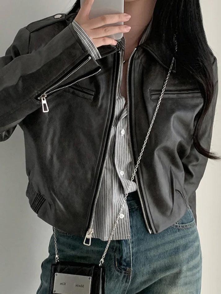 Style Core Aesthetics, New Style Trends - Zip Up Lapel Neck Leather Short Jacket