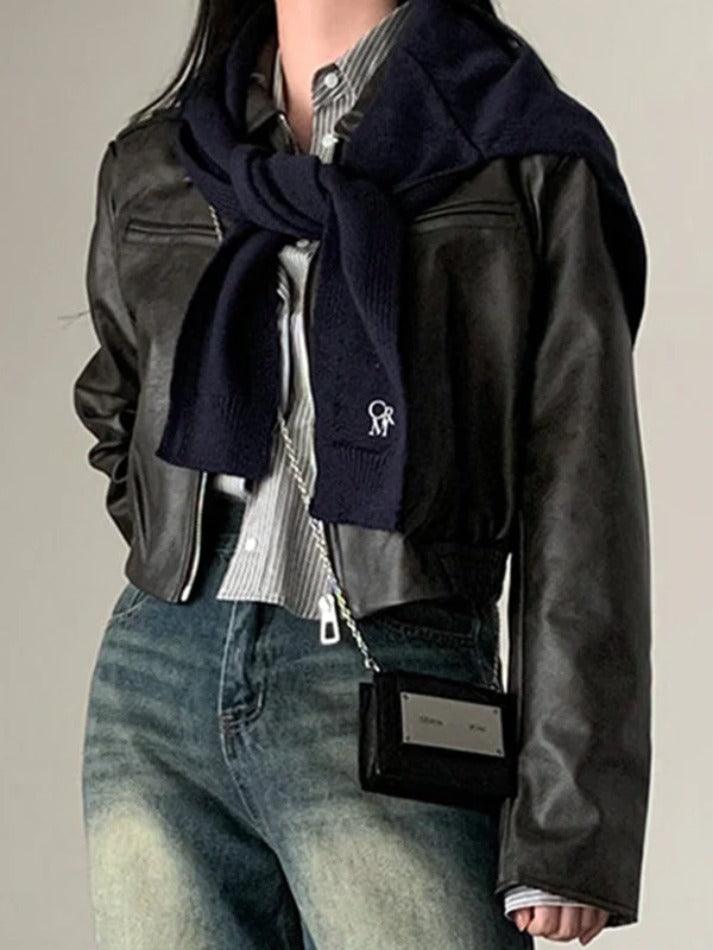 Style Core Aesthetics, New Style Trends - Zip Up Lapel Neck Leather Short Jacket