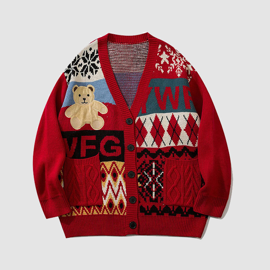 Style Core Aesthetics, New Style Trends Bear & Argyle Pattern Stitching Cardigan Sweater