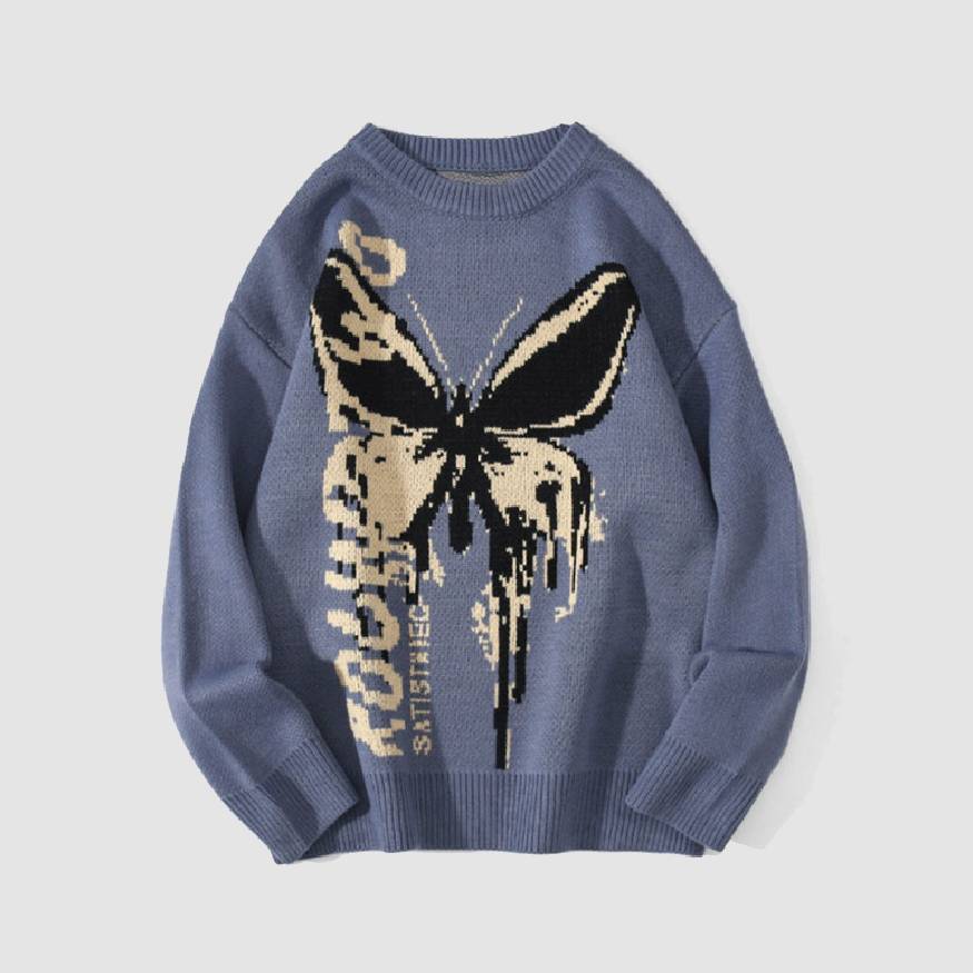 Style Core Aesthetics, New Style Trends Butterfly Graffiti Print Knit Sweater