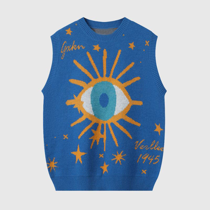 Style Core Aesthetics, New Style Trends Cartoon Eyes Jacquard Sweater Vest