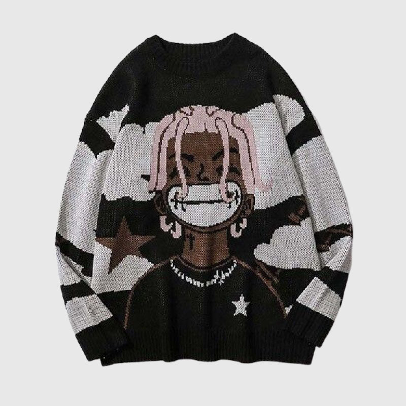 Style Core Aesthetics, New Style Trends Cartoon Face Printed Pullover