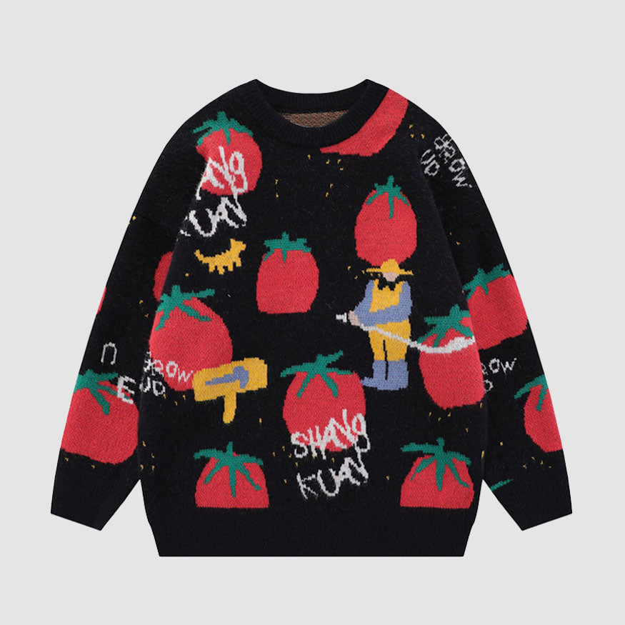 Style Core Aesthetics, New Style Trends Cartoon Tomato Pattern Sweater