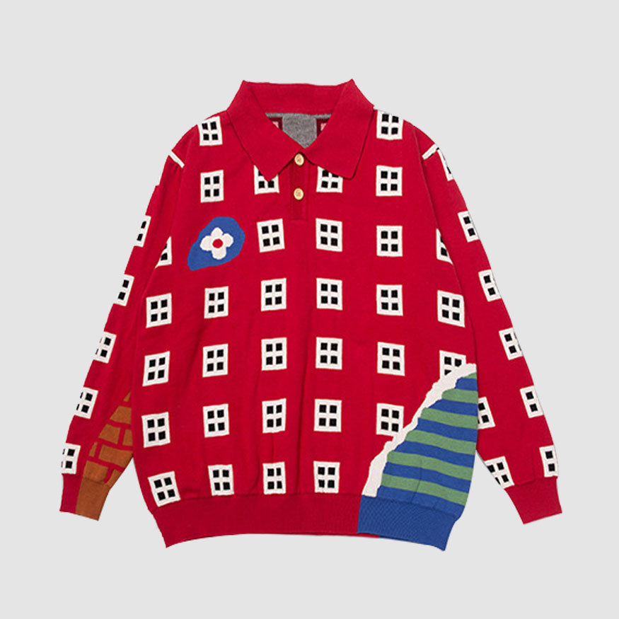 Style Core Aesthetics, New Style Trends Cartoon Window Pattern Collared Sweater
