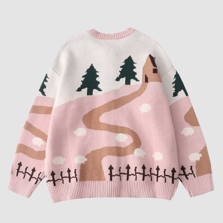 Style Core Aesthetics, New Style Trends Childlike Landscape Illustration Jacquard Cardigan Sweater Style Core Aesthetics, New Style Trends Childlike Landscape Illustration Jacquard Cardigan Sweater