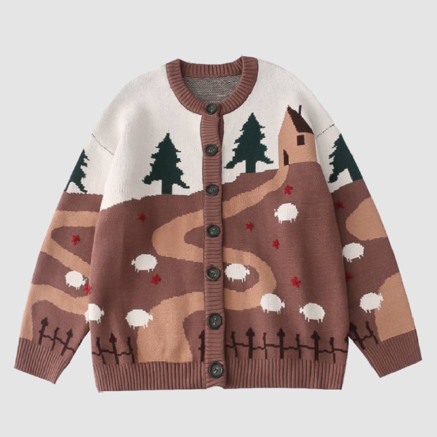Style Core Aesthetics, New Style Trends Childlike Landscape Illustration Jacquard Cardigan Sweater