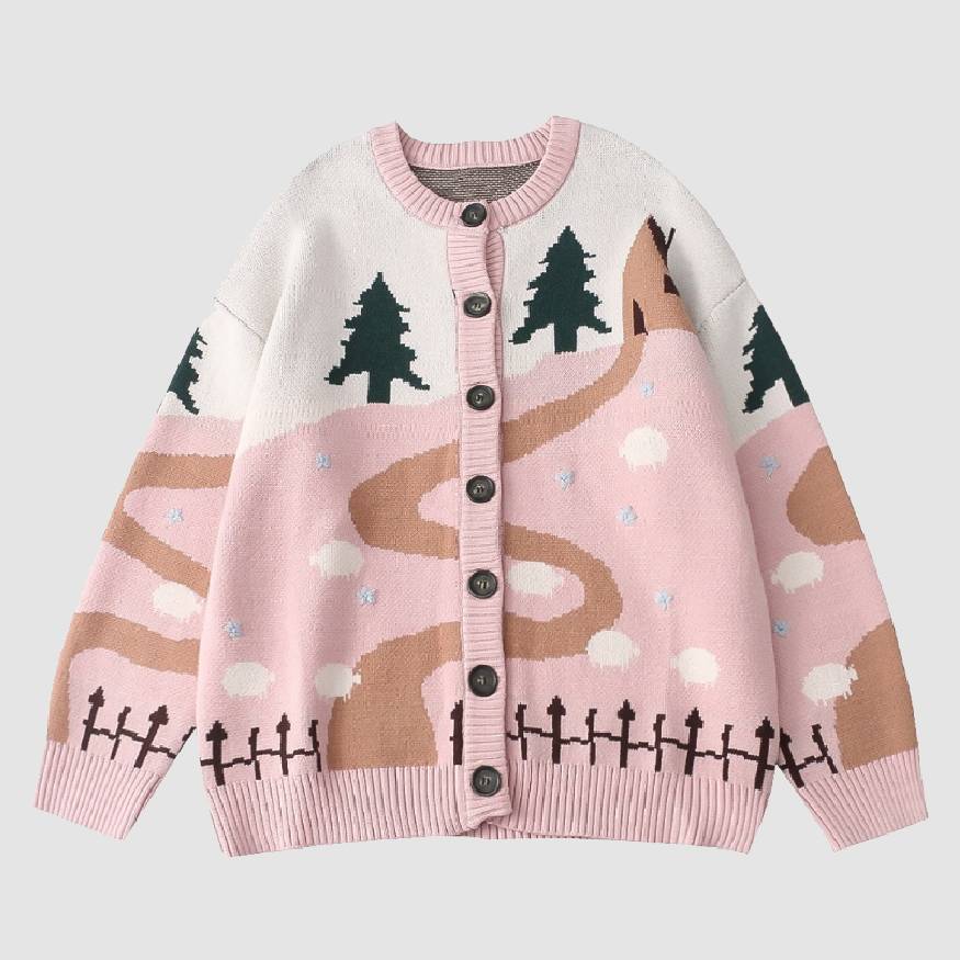 Style Core Aesthetics, New Style Trends Childlike Landscape Illustration Jacquard Cardigan Sweater
