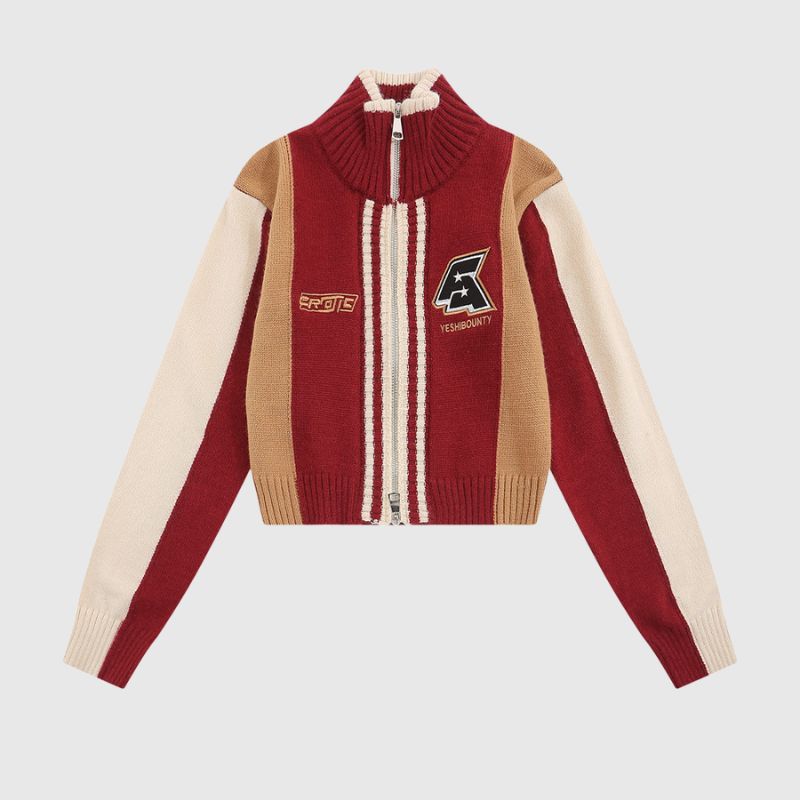 Style Core Aesthetics, New Style Trends Color-Blocked Embroidered Short Zip Neck Sweater