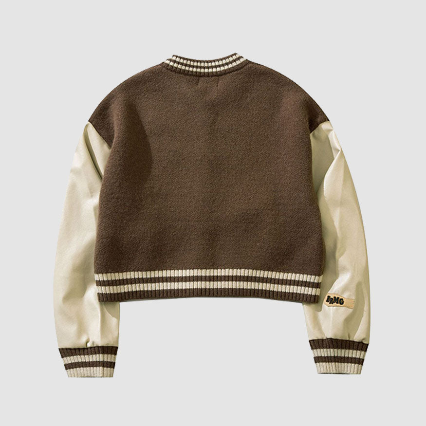 Style Core Aesthetics, New Style Trends PU Sleeve Patchwork Cropped Varsity Jacket