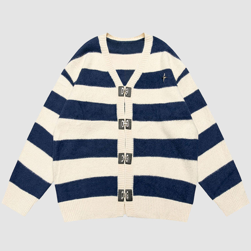 Style Core Aesthetics, New Style Trends Striped Buckle Closure Cardigan Sweater