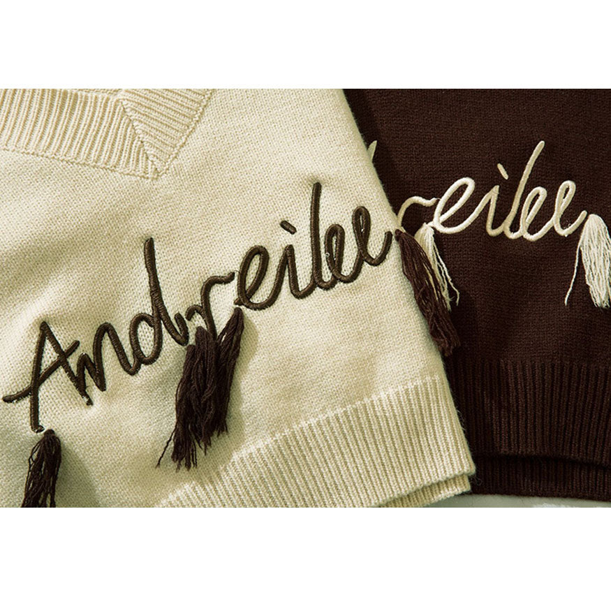 Style Core Aesthetics, New Style Trends Tassel Letter Embroidery Halter Neck Cropped Sweater Style Core Aesthetics, New Style Trends Tassel Letter Embroidery Halter Neck Cropped Sweater