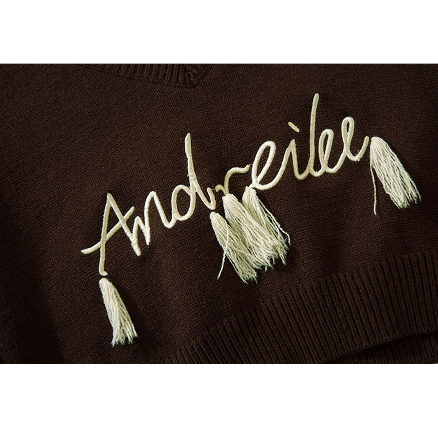 Style Core Aesthetics, New Style Trends Tassel Letter Embroidery Halter Neck Cropped Sweater Style Core Aesthetics, New Style Trends Tassel Letter Embroidery Halter Neck Cropped Sweater