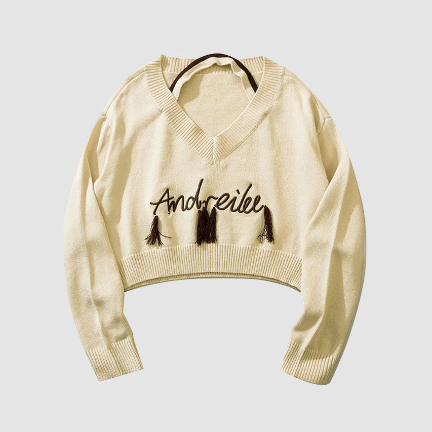 Style Core Aesthetics, New Style Trends Tassel Letter Embroidery Halter Neck Cropped Sweater