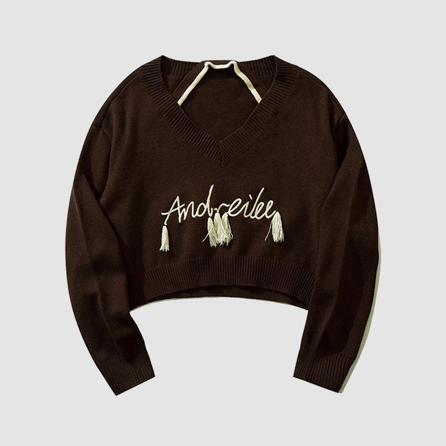 Style Core Aesthetics, New Style Trends Tassel Letter Embroidery Halter Neck Cropped Sweater Style Core Aesthetics, New Style Trends Tassel Letter Embroidery Halter Neck Cropped Sweater