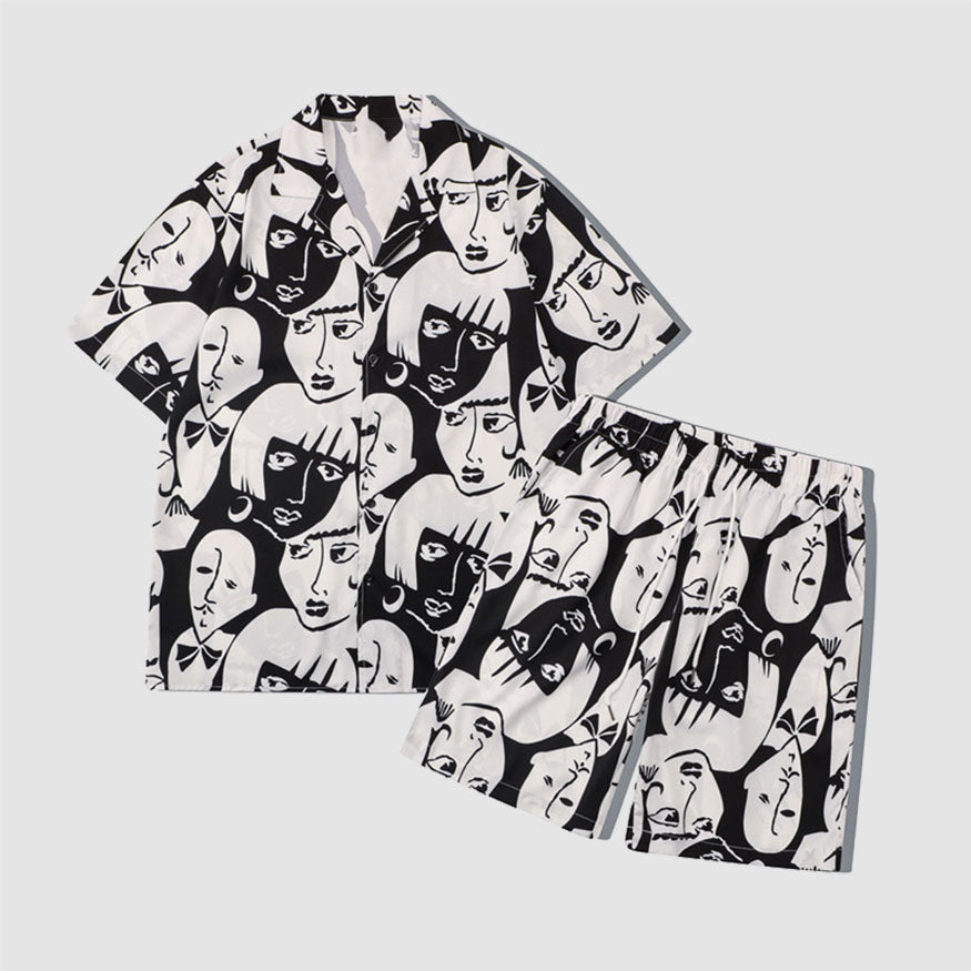 Style Core Aesthetics, New Style Trends Two Piece Abstract Figure Painting Shirt + Shorts