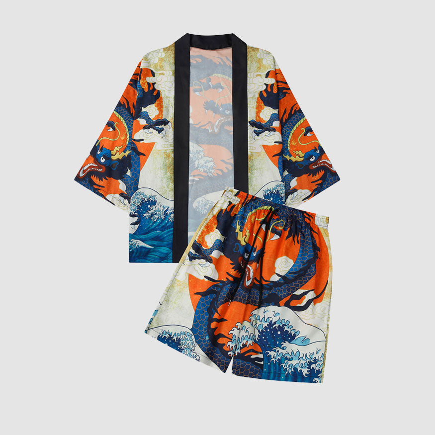 Style Core Aesthetics, New Style Trends Two Piece Dragon Print Kimono + Shorts