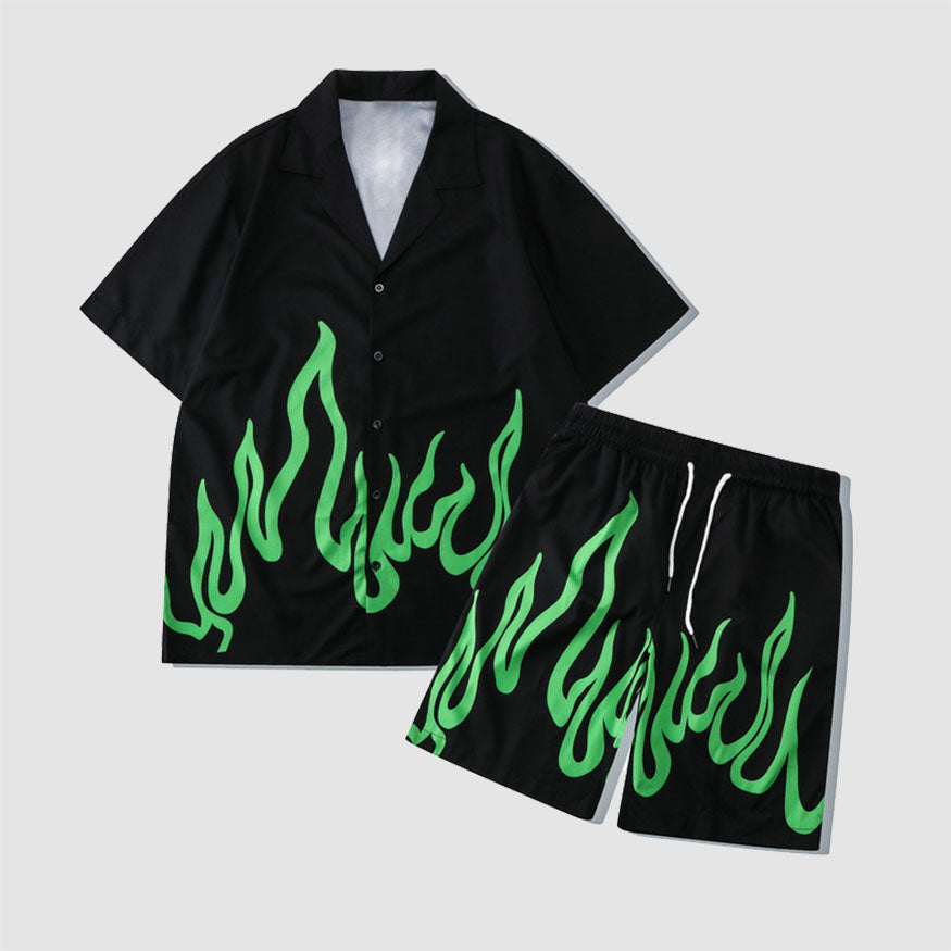 Style Core Aesthetics, New Style Trends Two Piece Flame Print Shirt + Shorts