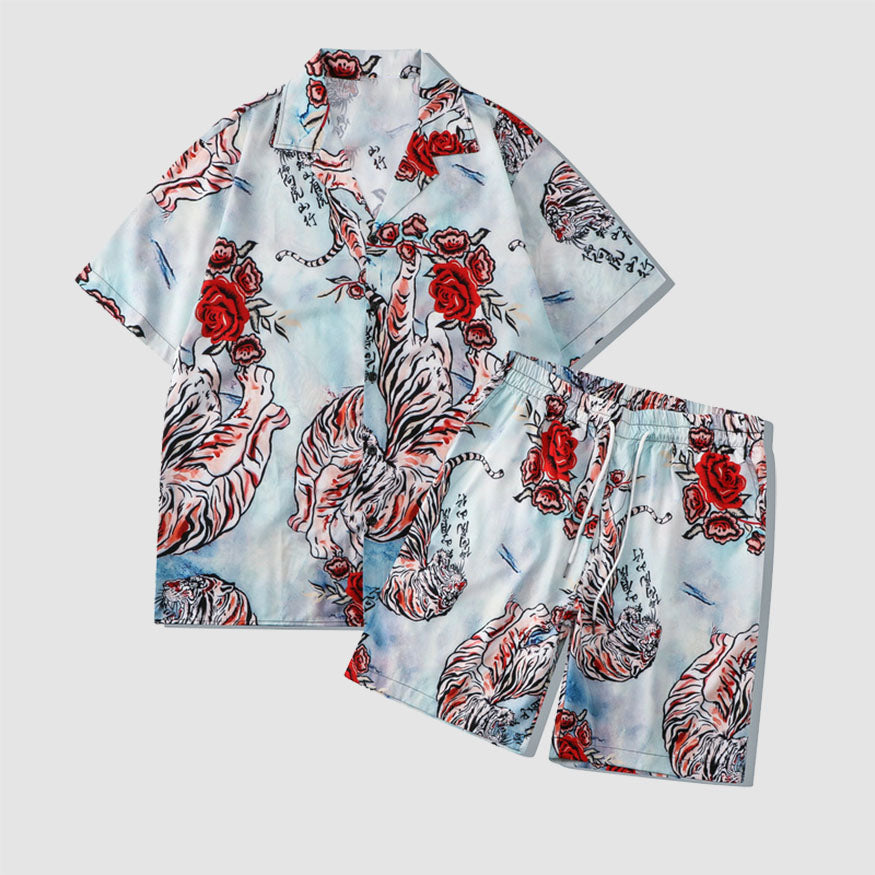 Style Core Aesthetics, New Style Trends Two Piece Tiger & Rose Print Shirt + Shorts