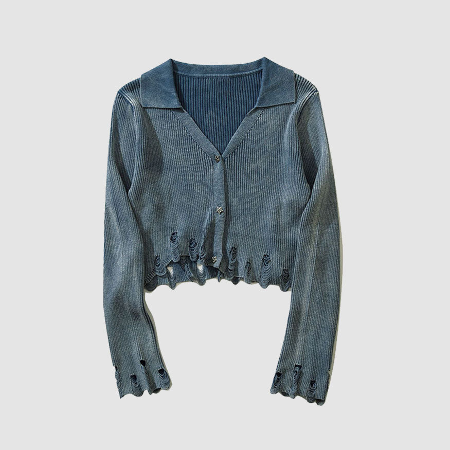 Style Core Aesthetics, New Style Trends V Neck Distressed Star Button Cropped Cardigan Sweater