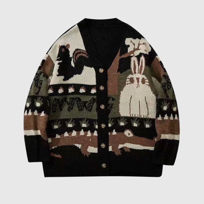 Style Core Aesthetics, New Style Trends Vintage Cartoon Jacquard Cardigan
