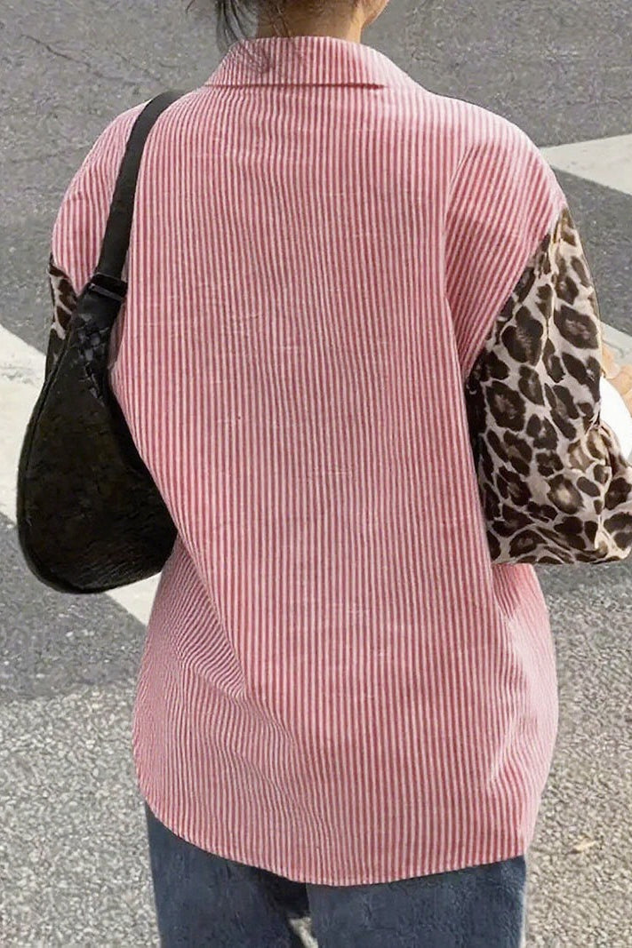 Summer Fashion Inspo Looks, Stripe Leopard Patchwork Long Sleeve Casual Blouse