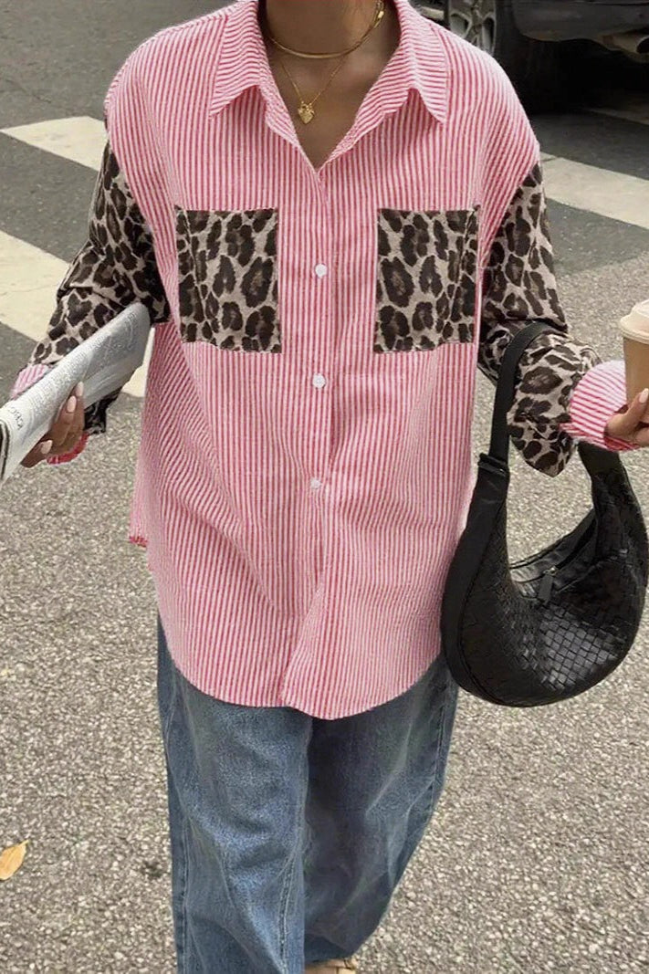 Summer Stripe Leopard Costume Patchwork Long Sleeve Casual Blouse
