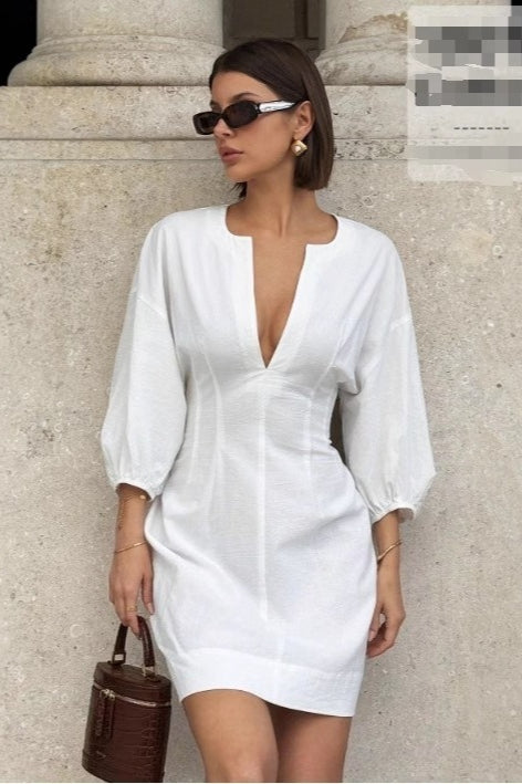 Stylish V-neck 3/4 Sleeve Waist Mini Dress for Your Perfect Concert Outfit