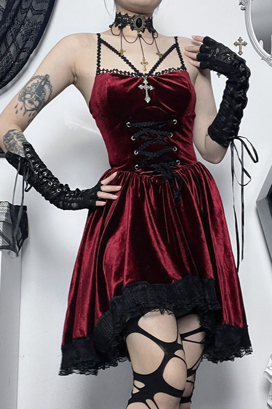 Concert Outfits, Velvet Tie- Waist Gothic Dress - Concert Outfit