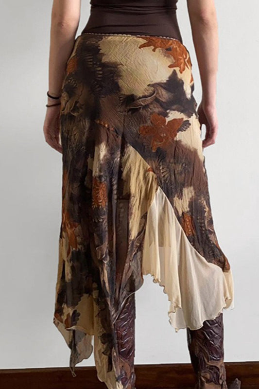 Trending Core Aesthetic Styles, Floral Contrast Asymmetrical Mermaid Midi Skirt