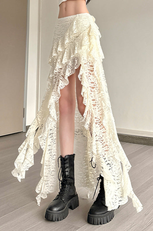Trending Summer Outfit Inspo, Wavy Lace Ruffle Trim Skirt
