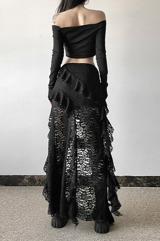 Trending Summer Outfit Inspo, Wavy Lace Ruffle Trim Skirt