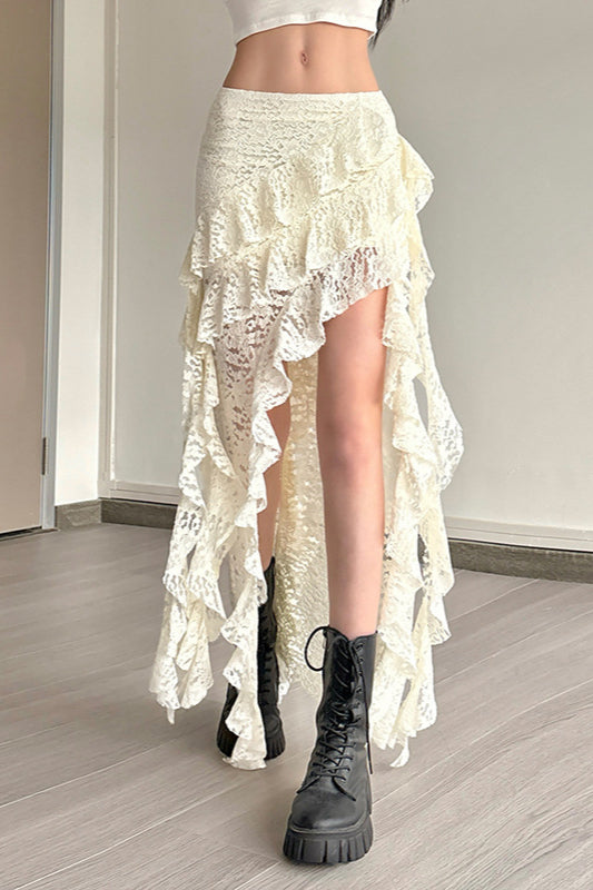 Trending Summer Outfit Inspo, Wavy Lace Ruffle Trim Skirt