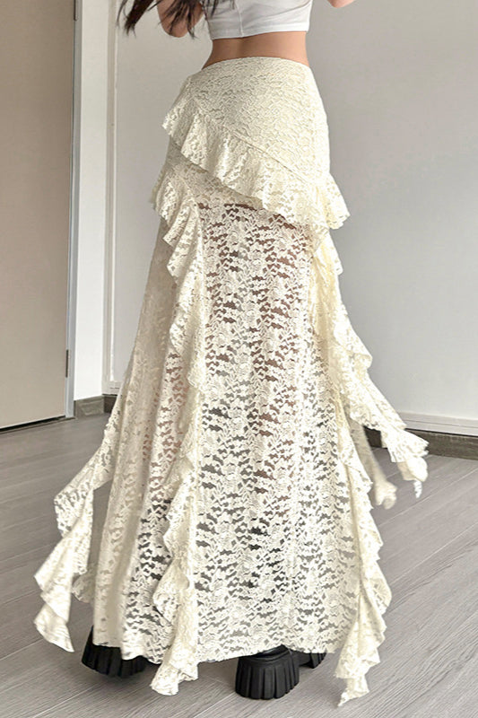 Trending Summer Outfit Inspo, Wavy Lace Ruffle Trim Skirt