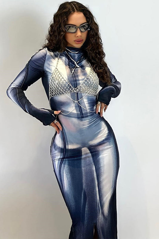 Winter Po Set, Print High Collar Bodycon Pencil Maxi Dress - Winter Outfit