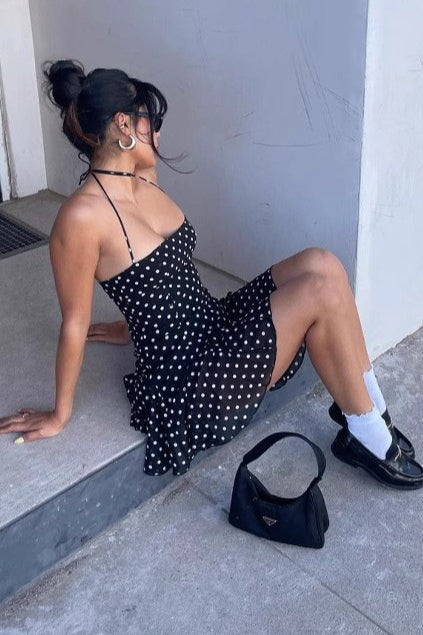 Winter Fashion Inspo Set, Polka Dot Halter Neck Backless Bodycon Mini Dress