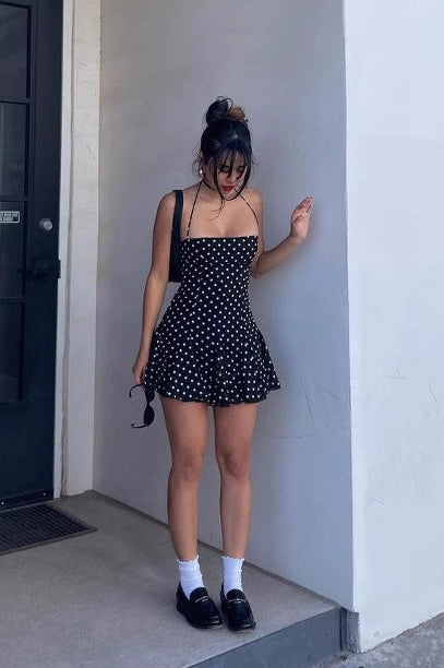 Winter Fashion Inspo Set, Polka Dot Halter Neck Backless Bodycon Mini Dress