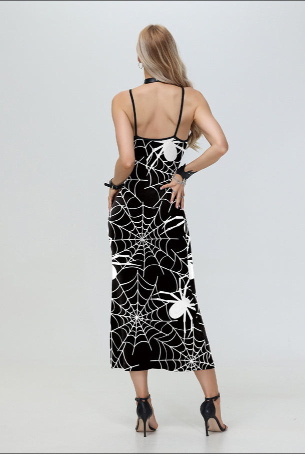 Winter to Summer Outfit Inspo, Halloween Spider Web Print Maxi Dress