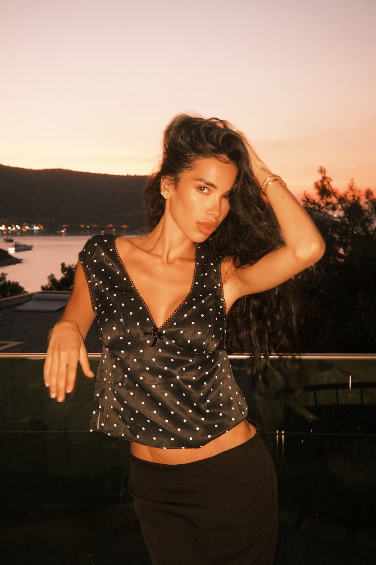 Winter to Summer Outfit Po, Polka Dot V- Neck Cami Crop  - Vacation Outfits